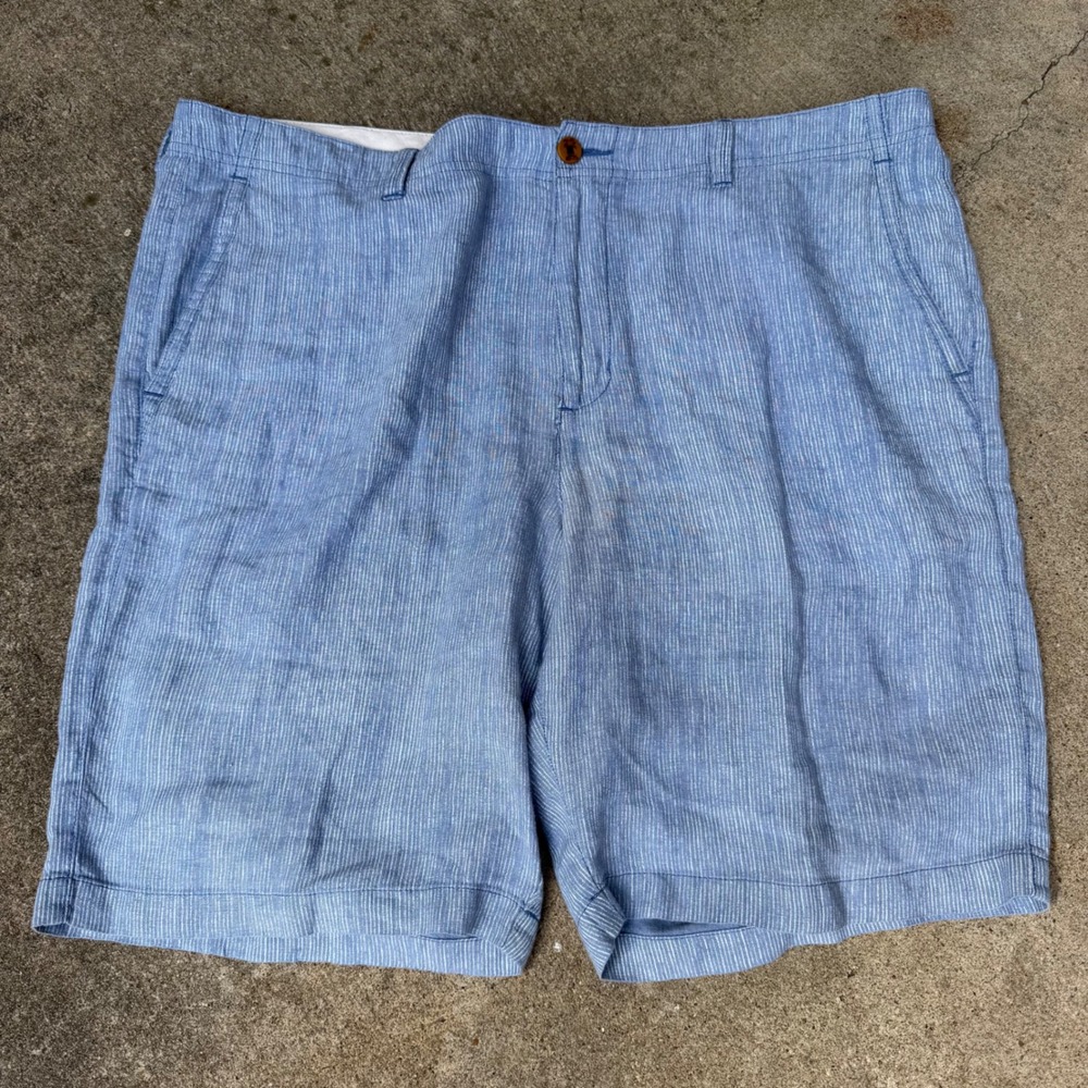 Tommy Bahama Mens 38 Blue White Striped 100% Linen Flat Front Shorts 9.5 Inseam